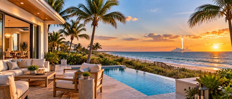 A luxury patio with an infinity pool overlooks a beach at sunset as a rocket launches on the horizon.