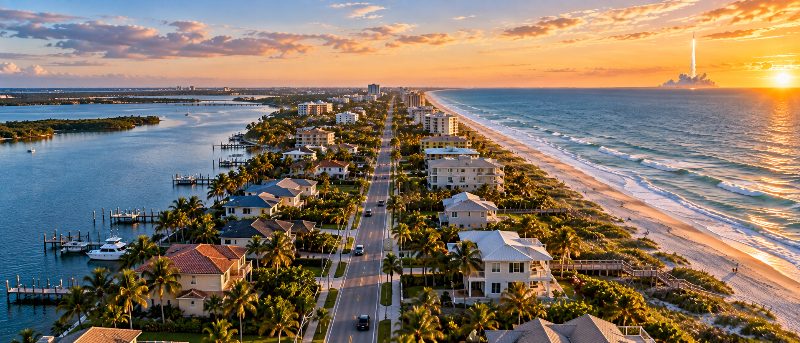 Aerial view of a coastal town with houses and palm trees situated between a bay and an ocean beach at sunset.