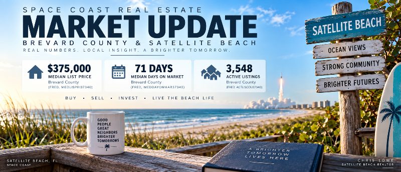 A real estate market update graphic overlaying a beach scene with a rocket launch in the distance.