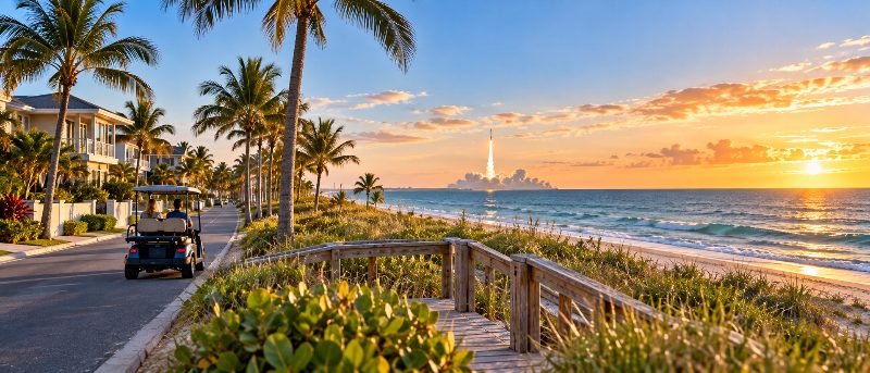 A golf cart drives past palm trees and beach houses as a rocket launches over the ocean during a coastal sunset.