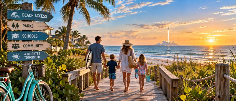 A family walks on a wooden boardwalk toward a beach as a rocket launches on the horizon at sunset.