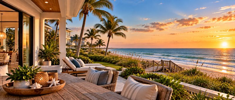 A wooden patio table overlooks palm trees and a sandy beach under a glowing sunset sky.